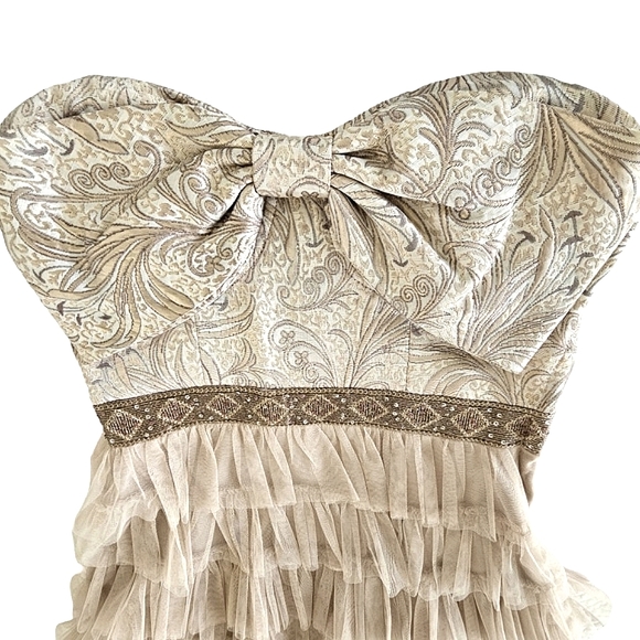 Inspire Me Strapless Taupe/Gold Tapestry Bow/Tiered Mesh Ruffle Party Dr… - Picture 6 of 17